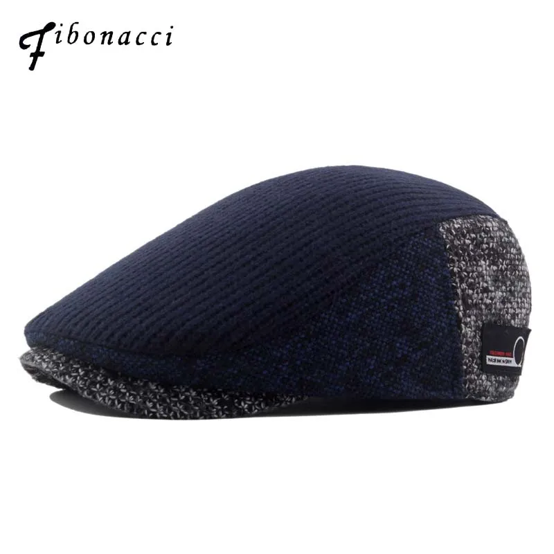 

Fibonacci Autumn Winter Retro Newsboy Hat Men Patchwork Woolen Knitted Hat, Cabbie Flat Caps