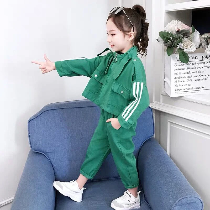 Весенне-осенний тканый комплект одежды наряд для девочек повседневная детская одежда спортивные костюмы для девочек верхняя одежда - Цвет: Green