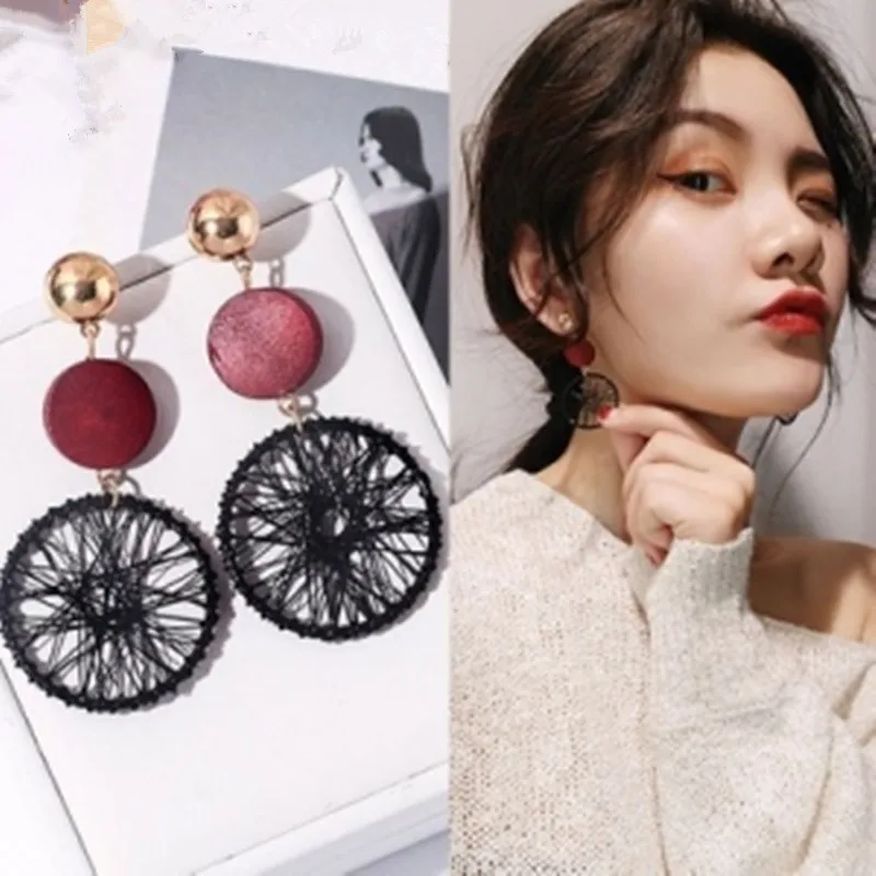 New exaggerated DIY wooden big circle earrings female temperament wild personality hollow mesh pendant earrings long multicolor