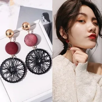 New exaggerated DIY wooden big circle earrings female temperament wild personality hollow mesh pendant earrings long multicolor