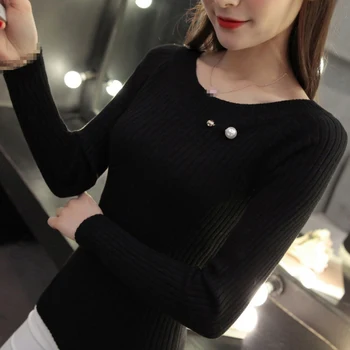

Women solid color korean style sweater casual Slim bottoming tops long sleeve round neck black ladies jumper clothing