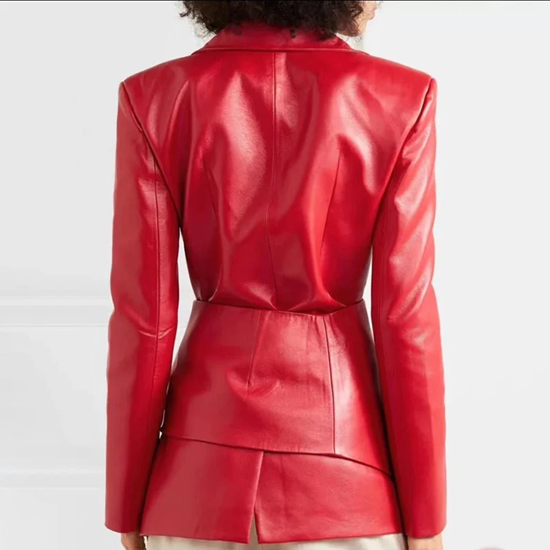 awesome TWOTWINSTYLE Leathers Solid Women's Jacket Lapel Collor Long Sleeve Slim With Wide Irregular Belt C