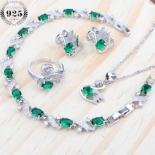 Зеленый циркониевый Свадебный Серебряный 925 комплекты украшений для женщин дети драгоценные серьги к костюму браслет с Зелеными камнями Кулон ожерелье набор