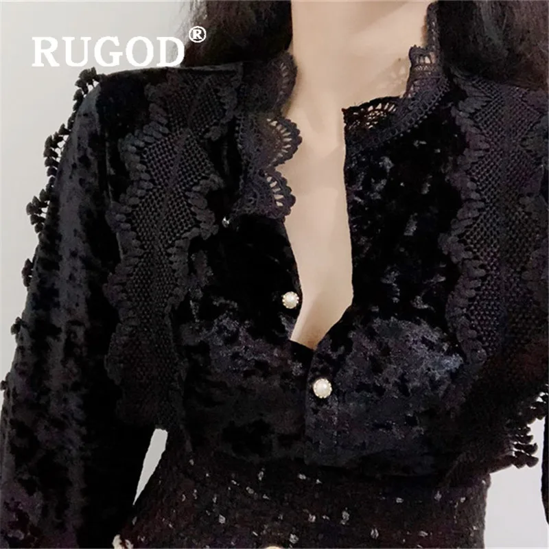 RUGOD кружевная блузка для женщин со стоячим воротником бархатные блузки с длинным рукавом однотонный элегантный топ корейская модная одежда женские рубашки на каждый день