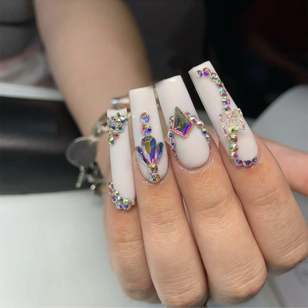 White colorful butterfly fake Nails Detachable Super Long Coffin False