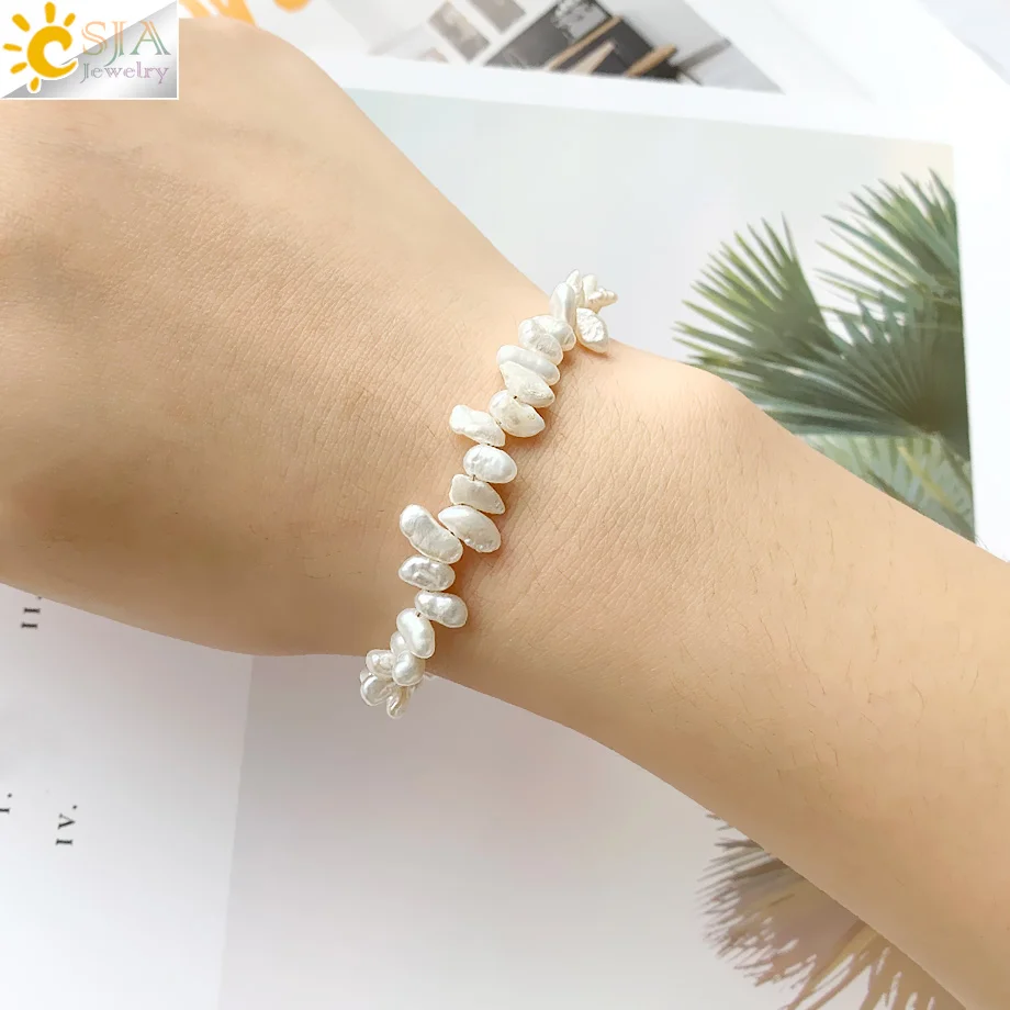 CSJA Irregular Natural Pearl Strand Bracelets Baroque White Bead Gold Color Adjustable Bracelet for Women Girl Jewelry Gift G569 | Украшения