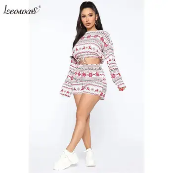 

Women 2 Piece Sets 2020 Sexy Christmas Printed Crop Tops Long Sleeve Shorts Set Conjunto Feminino Ropa Mujer Clothes For Womens