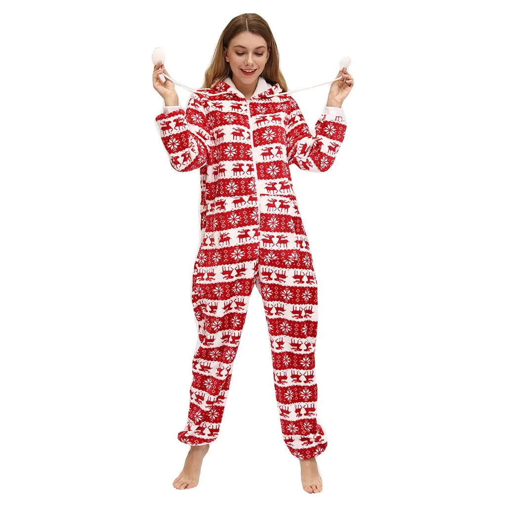 Christmas jumpsuit women Winter fashion Warm Flannel One Piece Hoodie Pajamas Printed Jumpsuit macacao feminino#guahao
