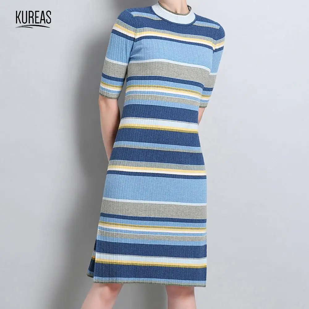 Kureas, платье-свитер для женщин, зима-осень, короткий рукав, в полоску, короткое, трикотажное платье с круглым вырезом, облегающее, повседневное, для офиса, леди