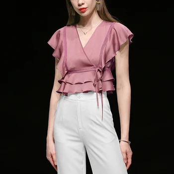 

Seifrmann Fashion Runway Casual Pants Women's Suit Summer Solid Drawstring V-Neck Ruffles Tops And Slim Pants 2 Two Pieces Set