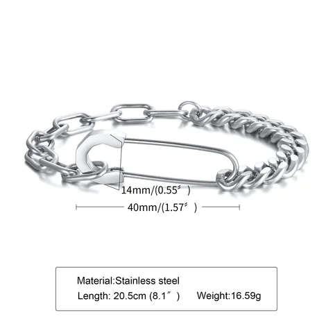 Bracelet,Safety Pin Bracelet, Half Cuban Link Chain Bracelet , Half Rectangle Link Bracelet, Men Jewelry