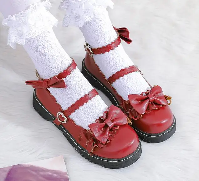 LoveLive/Студенческая обувь; Студенческая обувь в стиле Лолиты для девочек; обувь из искусственной кожи с кружевным бантом; обувь на низком каблуке с круглым носком - Цвет: Красный