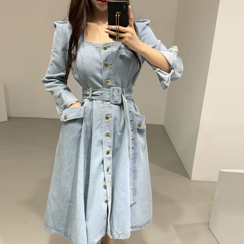 

New 2020 Women Denim Dresses Spring Autumn Casual Mid-Calf Sashes Square Collar Single Breasted Pockets Dress CF008