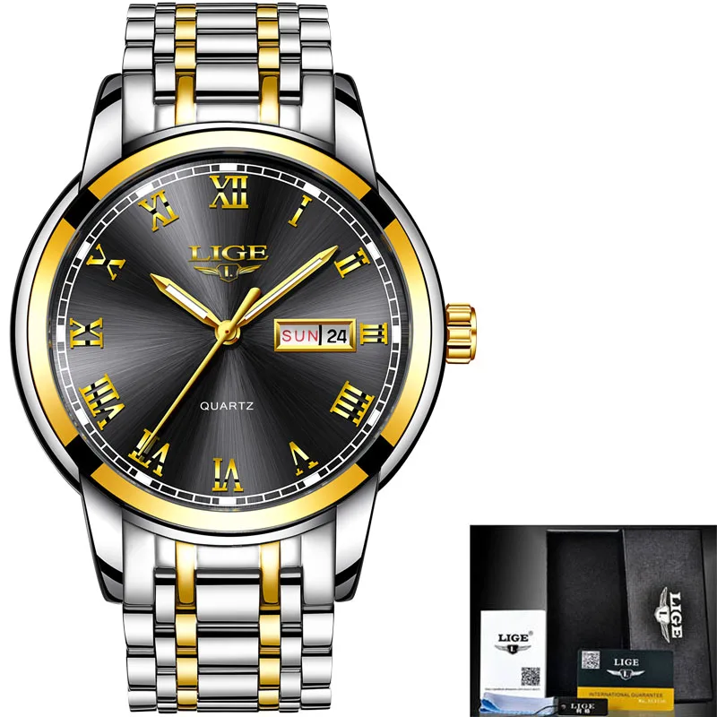 Мужские часы s, Модные Кварцевые Золотые часы LIGE, брендовые топ класса люкс, все стальные мужские наручные часы, водонепроницаемые часы с циферблатом и датой недели+ коробка - Цвет: Gold black