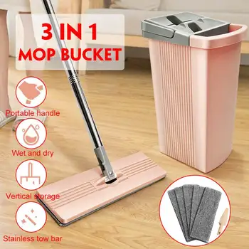 

Flat Squeeze Mop with 6 Microfiber Mop Pads Lazy People Avoid Hand Washing Flat Floor Mop Self Wet And Dry Cleaning Mop Bucket