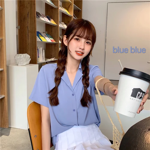 Turndown Collar Short Sleeve Chiffon Shirt Blouse Women 2020 Office Ol Overalls Shirt Casual Button Loose Summer Simple Tops Blue