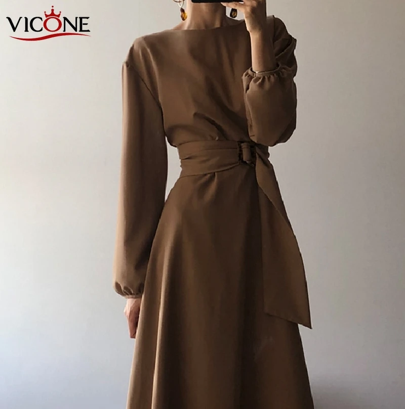 VICONE Южная Корея Хепберн ветер чистый цвет Reap талии платье элегантная женщина