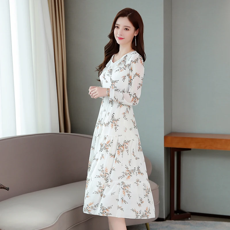 Floral Print Long Sleeve Chiffon Casual Women Autumn Dress Elegant Boho Vintage Ruffle Plus Size 4XL Korean Runway Vestidos