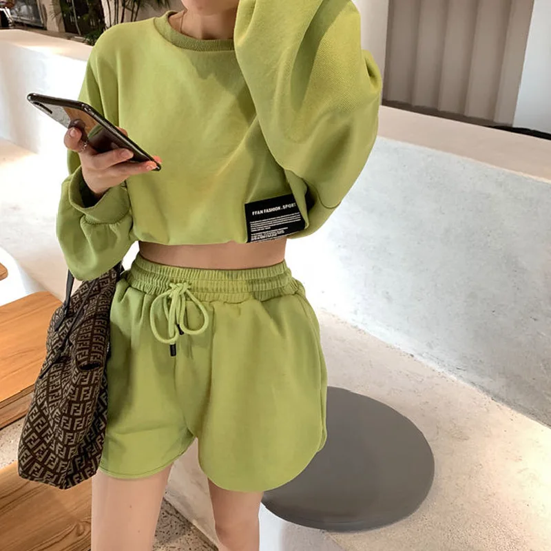 

Women Fashion Short Sweater +Shorts Sets Woman Large Size 2 PCS Costumes Outfit Korean Version Two Piece Set 2020 Sports Suit