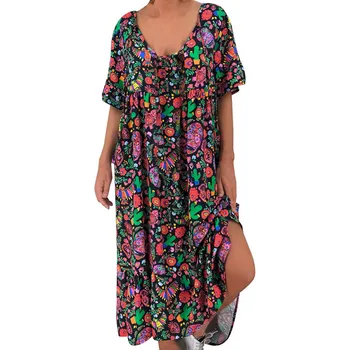 

JAYCOSIN Boho floral print Women's summer dress Ladies Loose Print Short Sleeve Maxi Long beach sundress vestidos female 9806
