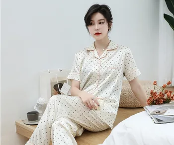 

PAJ Plus Size 5XL satin pajamas set Homewear dots print sexy summer outfits Silk Women's long pants nightgrown soft Sleepwear