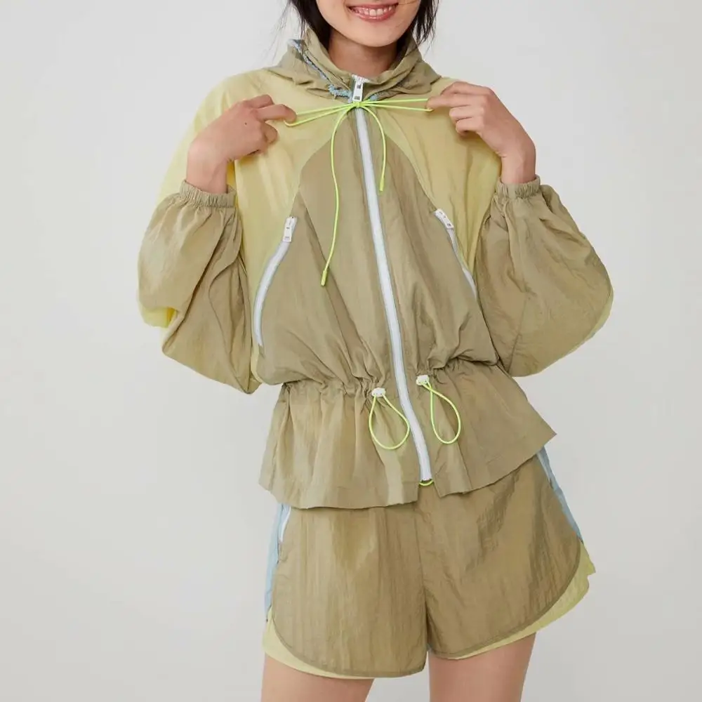 

Autumn Sports Jackets Women Running Casual Loose Patchwork With Hat And Drawstring Jacket For lady