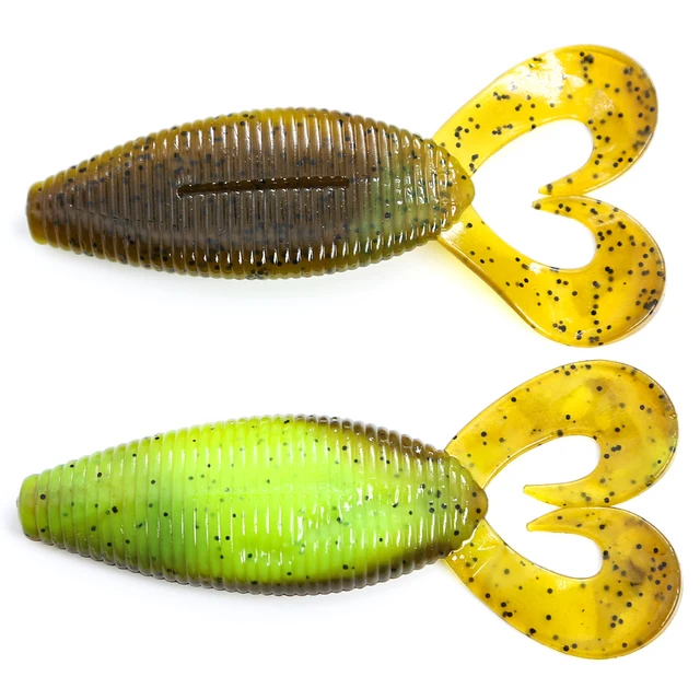 B&U Spiron Twin 100mm Curved Tail Fishing Lures Soft BaitsArtificial Wobblers Craws Silicone Shad Worm Bass leurre souple BROWN GREEN