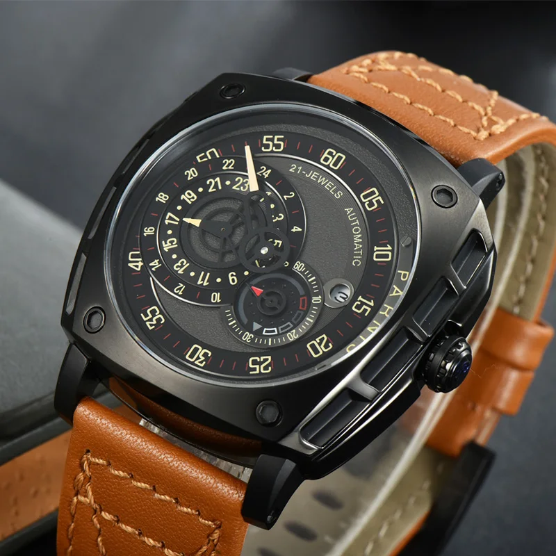 New Arrival Parnis 44mm Personality Black Dial Automatic Mechanical Men Watch Calendar Miyota Movement Leather Wristwatch 2021 | Наручные