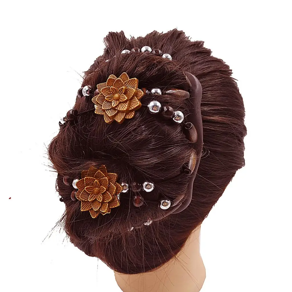 Double Stretch Hair Combs Woman With Wood Beads Vintaje Woman Lady Elastic Clip
