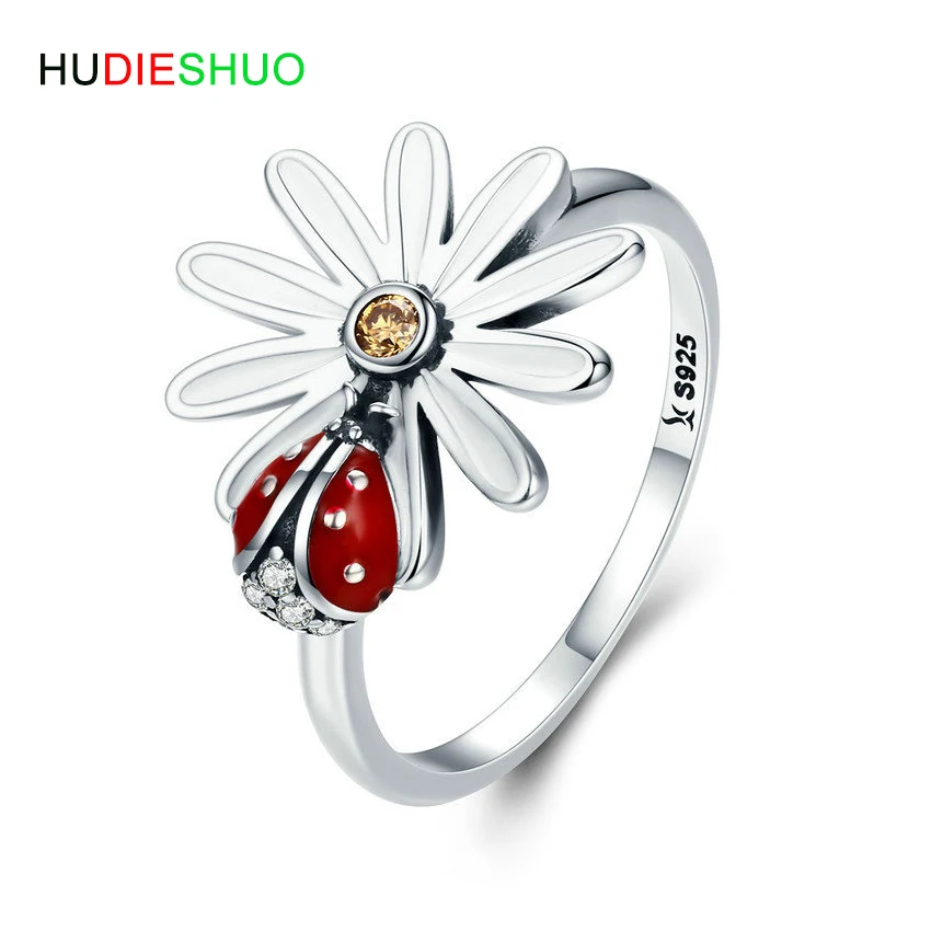 HUDIESHUO 100% 925 SterlingSilver Божья коровка в цветочном саду кольца на палец для женщин