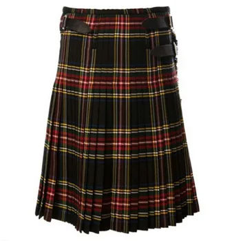 

Men's Skirt Belt Plaid Pleated Skirt Bilateral Chain Skirt Brown Gothic Punk Scottish Skirt Scotland Tartan Trousers