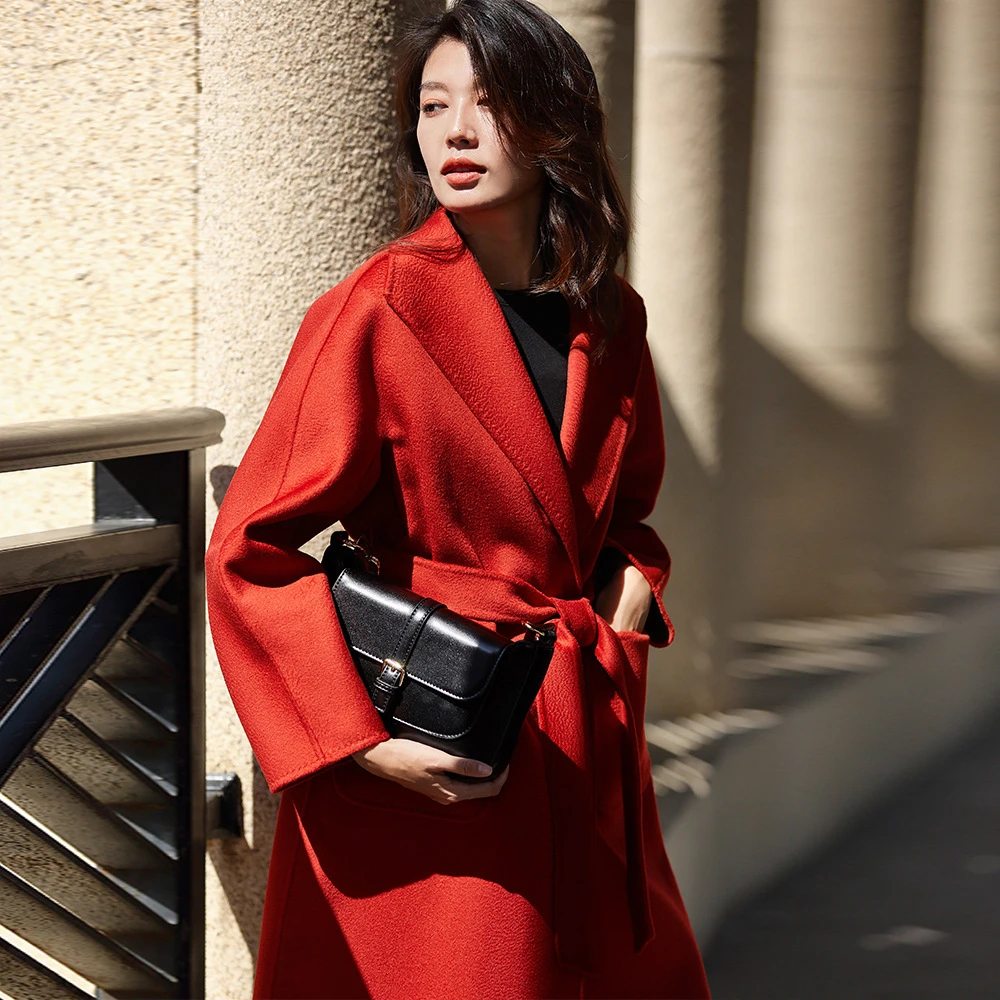 Abrigos invierno para mujer 2019 nuevo clásico Retro doble cara de Cachemira capa roja de lana con cinturón abrigo de Cachemira ondulado para mujer|Lana y mezclas| - AliExpress