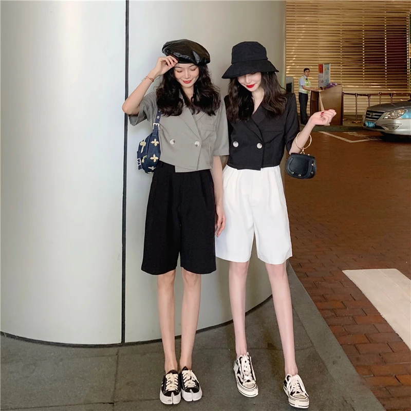 Summer New Style Korean-style Double Breasted Loose-Fit Short-sleeved Top Western Style Short Navel Small Suit Coat WOMEN'S