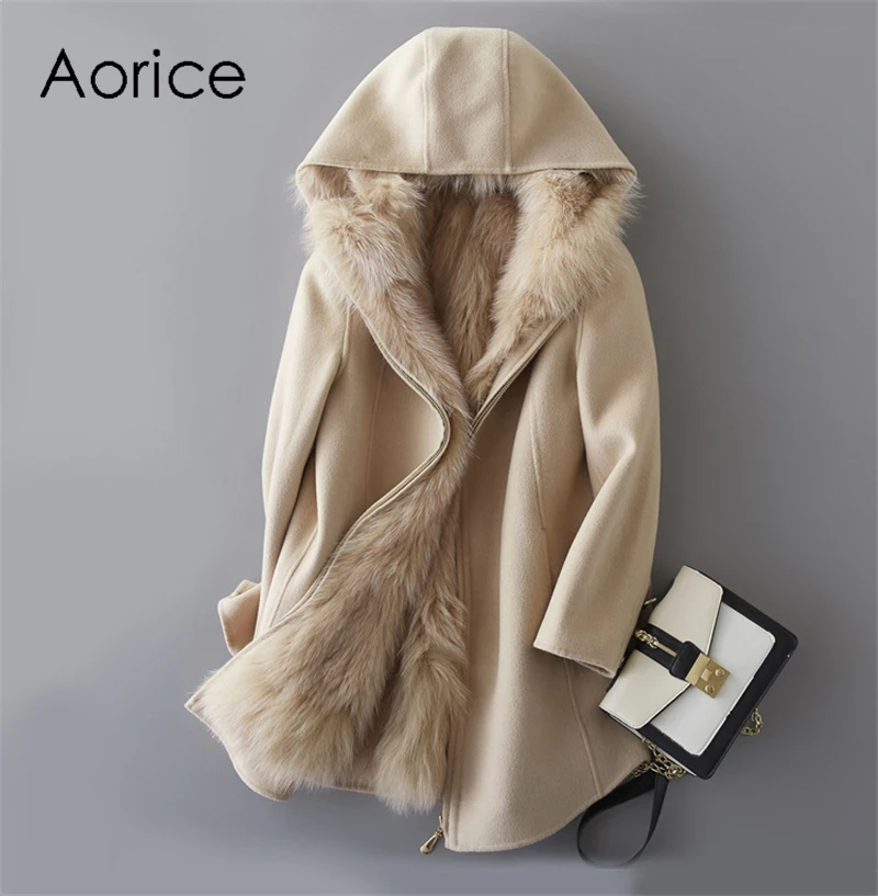 

Aorice ZY391 Women real wool fabric coat lady fox fur lining with hood leisure Fall/Winter wool long outwear