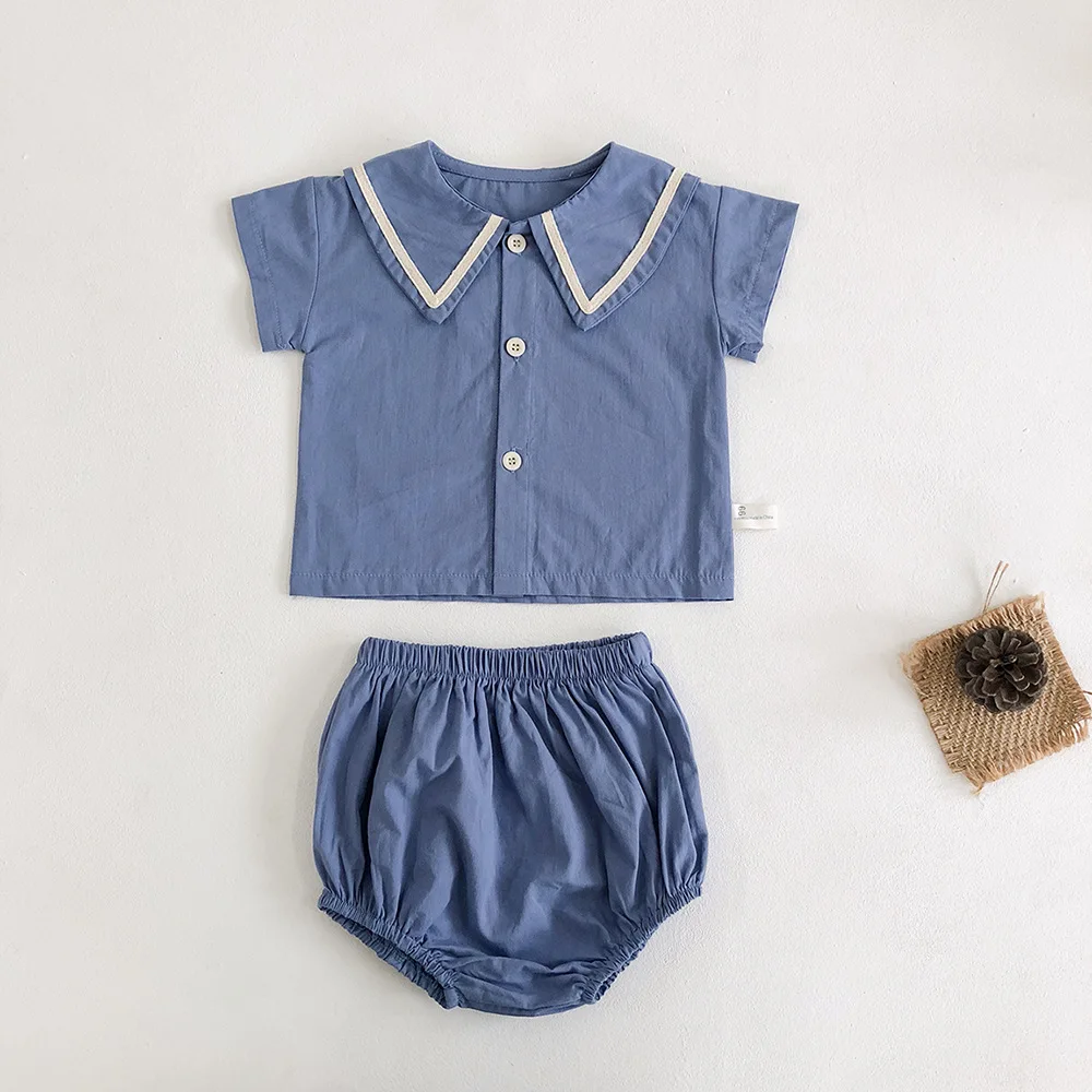 baby clothes mini set 2022 Summer suit kids baby college style short sleeve open button top + bread pants baby girl 2-piece suit clothes set Baby Clothing Set discount