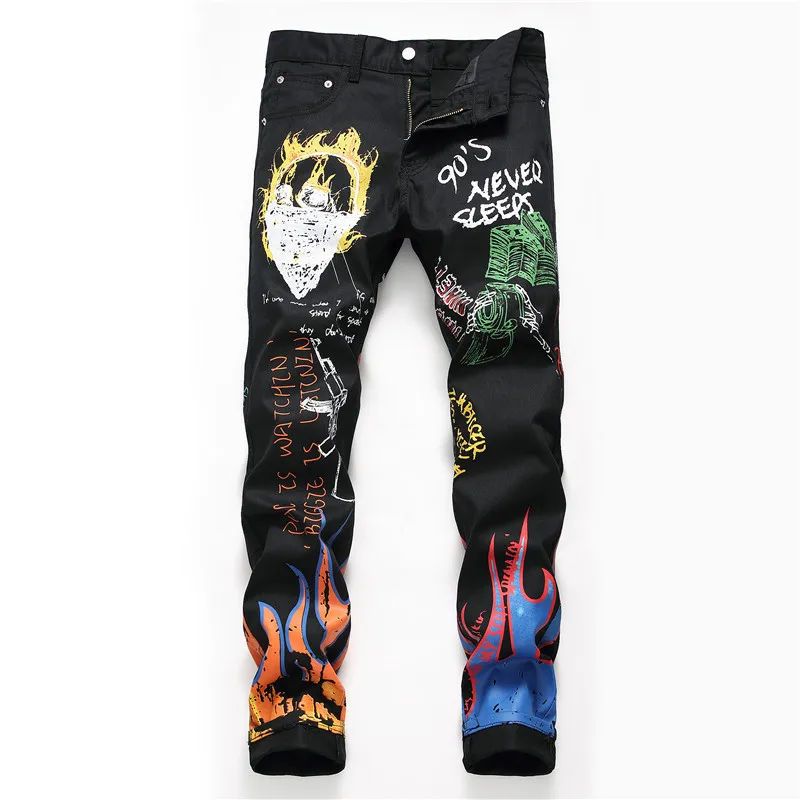 

Man Printed Letter Jean Slim Black Floral Flame Men Cool Paint Jeans Straight Colored Painted hombre fleurs homme