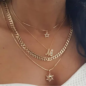 

Trendy Letter M Necklaces Creative Sun Flower Star Pendant Metal Punk Layered Chain Statement Choker Necklace Hip Hop Jewelry