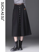 SUCH AS SU Women Single-Breasted Black Brown High Waist Pleated Wool Skirt Autumn Winter S-3XL Size Female Mid-Long Skirt 7126
