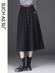 Tais como su feminino single breasted preto marrom cintura alta plissado lã saia outono inverno S 3XL tamanho feminino mid long saia 7126