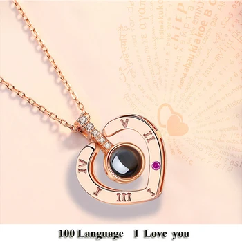 

I Love You Charming Couple Necklace Cubic Zirconia Stainless Steel Lady Creative Charm Jewelry Projecting 100 Languages