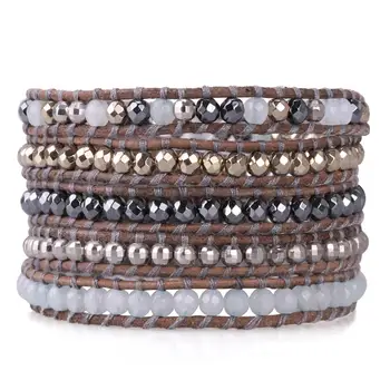 

KELITCH Leather Bracelets Mixed Natural Stones Quartz Charm 5 Strands Wrap Bracelets Handmade Layered Cuff Bracelet Chain