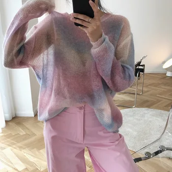 

2020 New Fashion Sexy See Through Women O-Neck Sweater And Pullovers Long Sleeve Mohair Women Sweater Femme Tricot Pull Femme