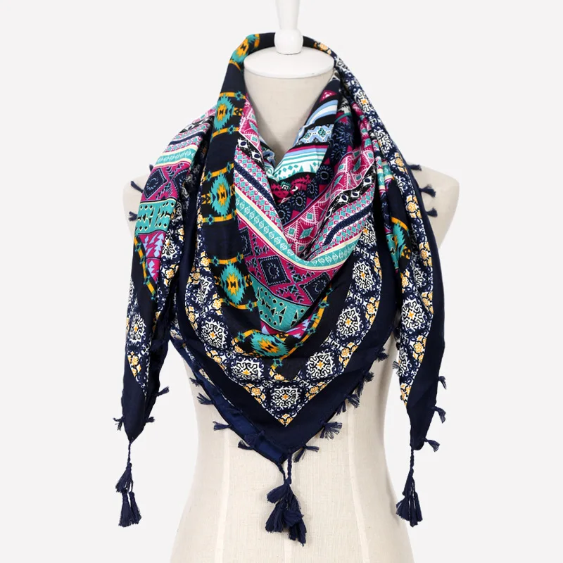 110*110cm Bohe Style Cotton Printed Square Scarf for Women Russian National Scarves Ethnic Fringed Shawl Lady Winter Blanket 160 160cm russian square scarf women retro floral print fringed ukrainian shawl head scarves lady handkerchief foulard bandana