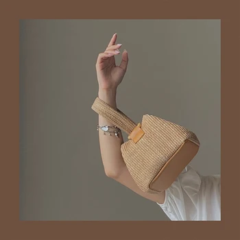 

Fashion Straw Handbag Korean Unique Design Zipper Cute Rattan Soft Tote Handbag Bucket Casual Torebka Damska Bag Women DE50ST