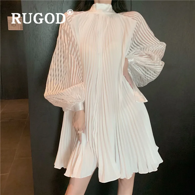 RUGOD линия плиссированные белые платья с пышными рукавами водолазка Boho Chic