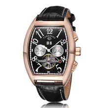 

FORSHING Rose Gold Square Skeleton Mechanical Watch Men Automatic Self-Wind Leather Band Wristwatch Male Relogio Masculino