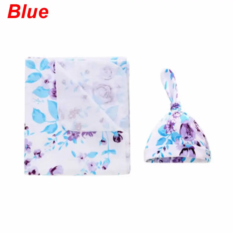 Blue Комплект для новорожденных; одеяло; шапка; хлопковый комплект с принтом для младенцев; пеленание; шапка; P31B - Цвет: Blue