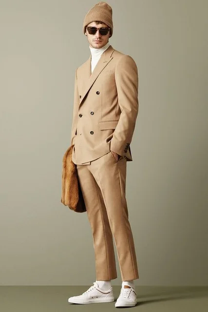 

2 Pieces Double Breasted Men's Suits Tops Pants Design Khaki Brown Slim Jacket Fit Tuxedos Bridal Suit Sets Blazer 2018