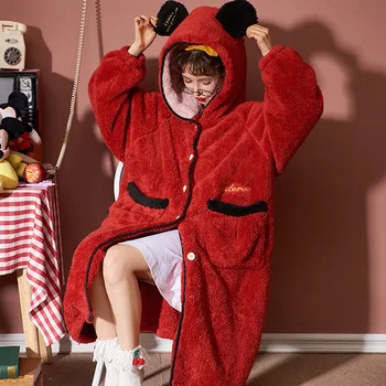 

Winter New Flannel Nightdress Coral Fleece Warm Night Dress Home Wear Home Clothes Lady Cute Bear Ears Soft Nightgown Sleepwear