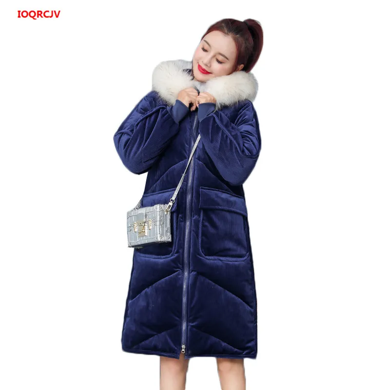 

2019 Velvet Cotton Parka Fur Big Collar Winter Jacket Long Loose Hooded Female Warm Cotton Padded Coat Thick Women Parkas W1387